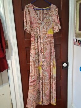 Elan Pink Paisley Maxi Dress Cover-Up with Yellow Highlights